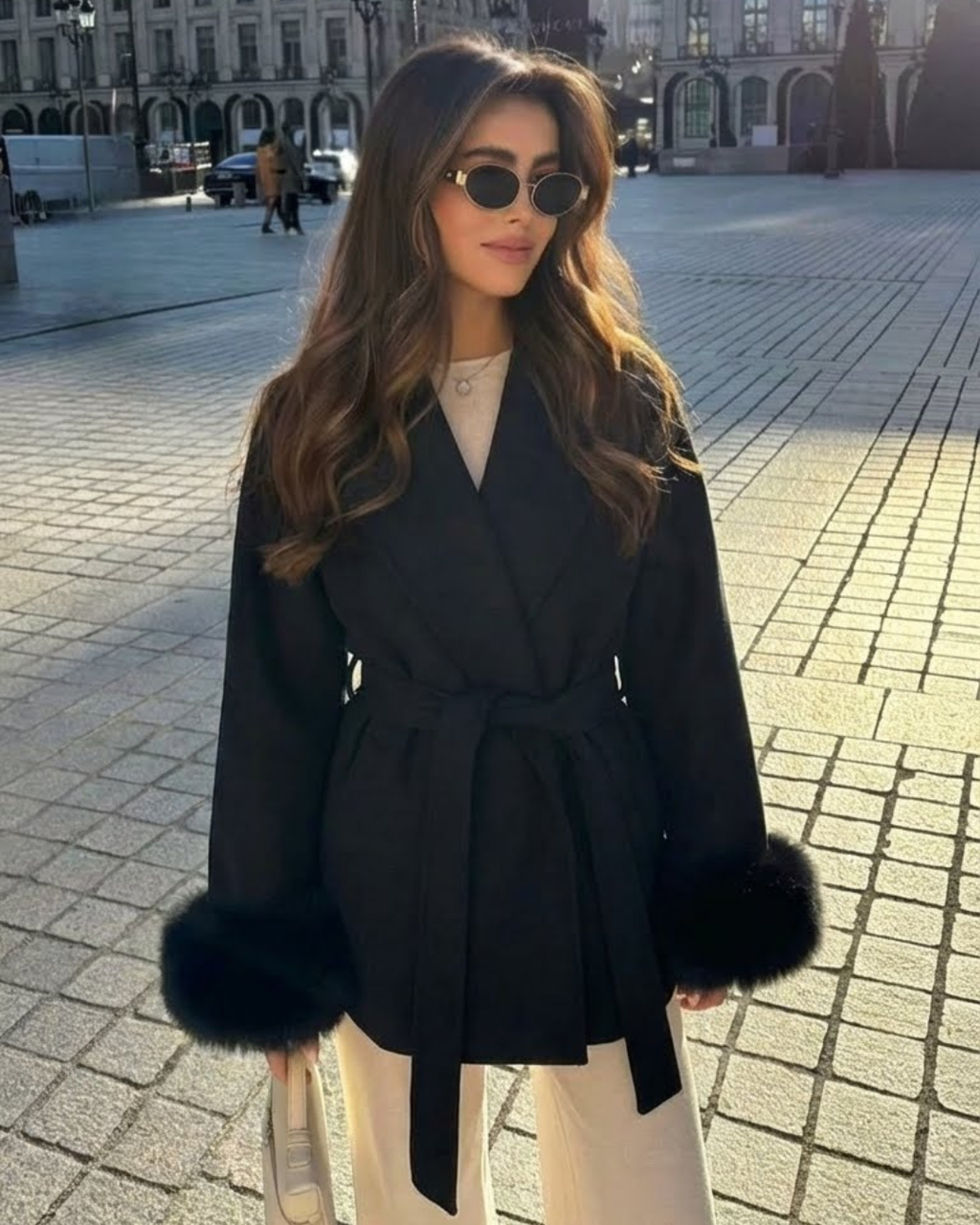 Cappotto Serena in misto lana con polsini in pelliccia sintetica