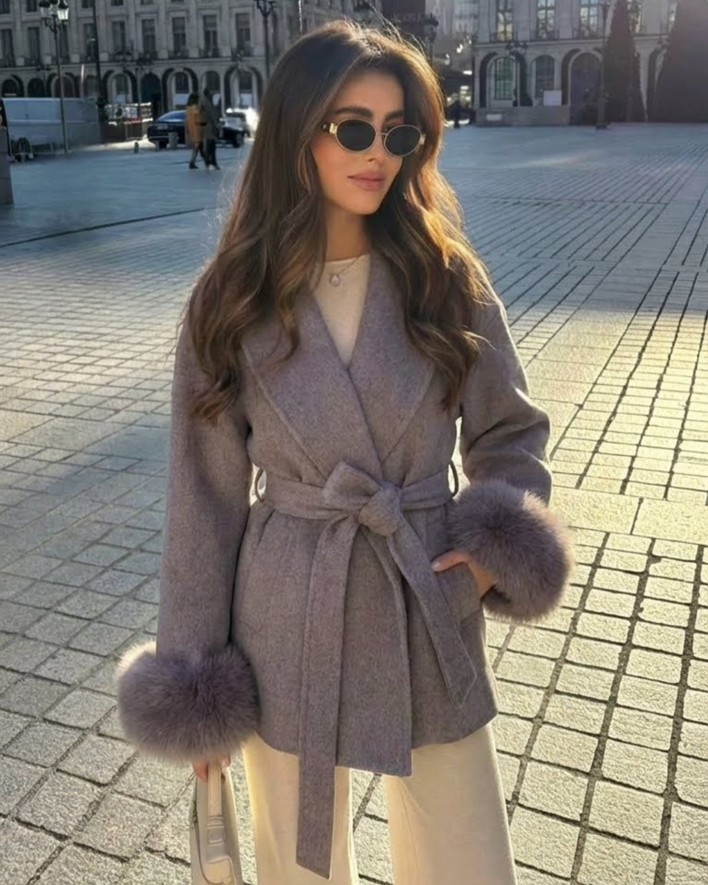 Cappotto Serena in misto lana con polsini in pelliccia sintetica