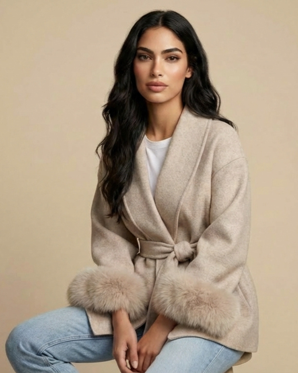 Cappotto Serena in misto lana con polsini in pelliccia sintetica