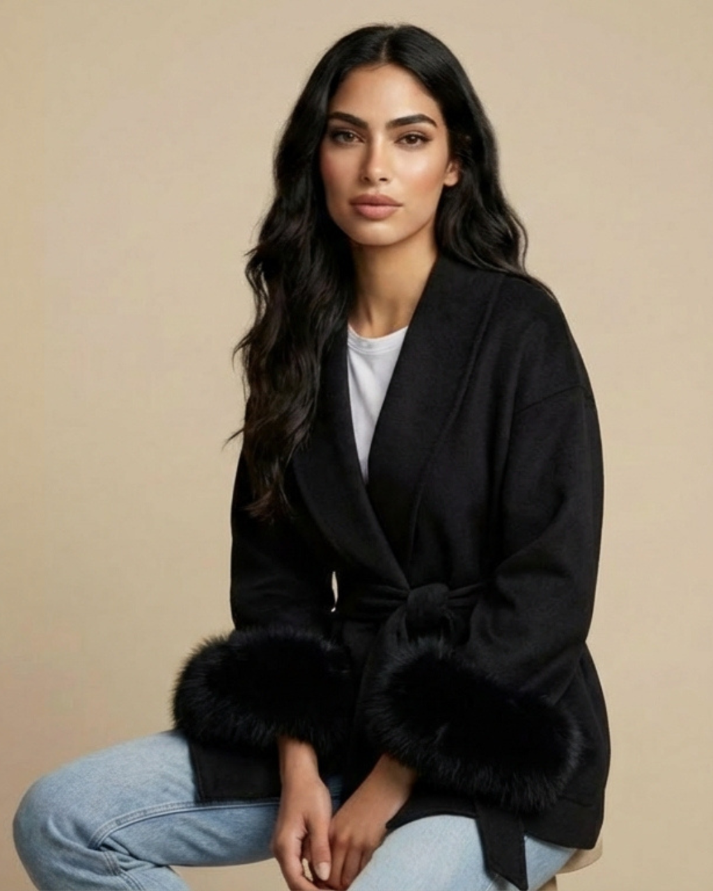 Cappotto Serena in misto lana con polsini in pelliccia sintetica