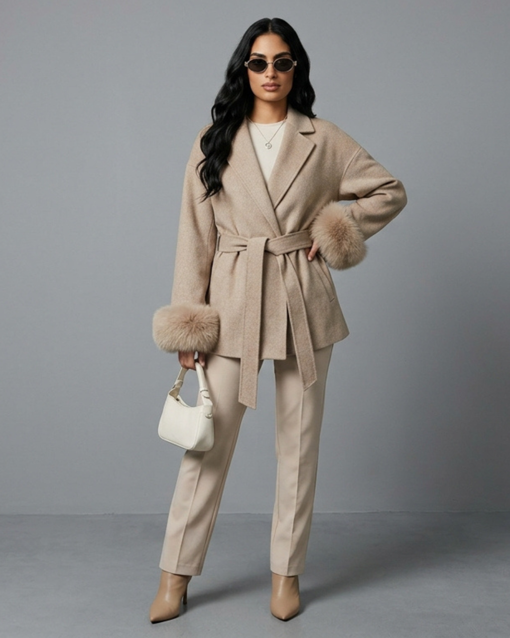 Cappotto Serena in misto lana con polsini in pelliccia sintetica
