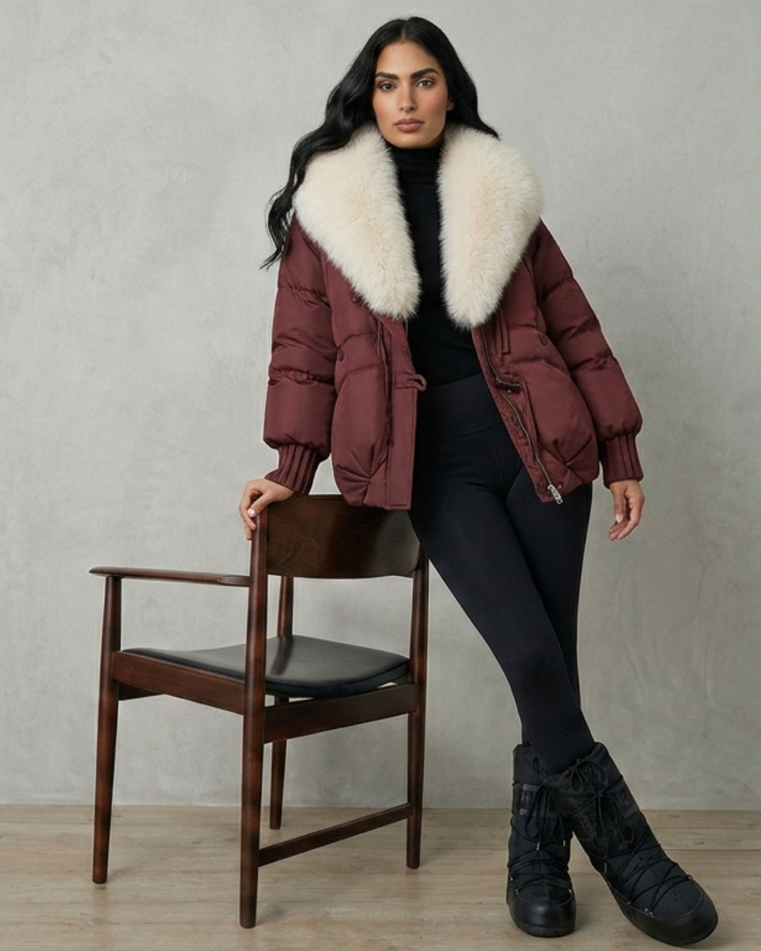 Piumino Siberia con collo in pelliccia sintetica e trapuntatura geometrica