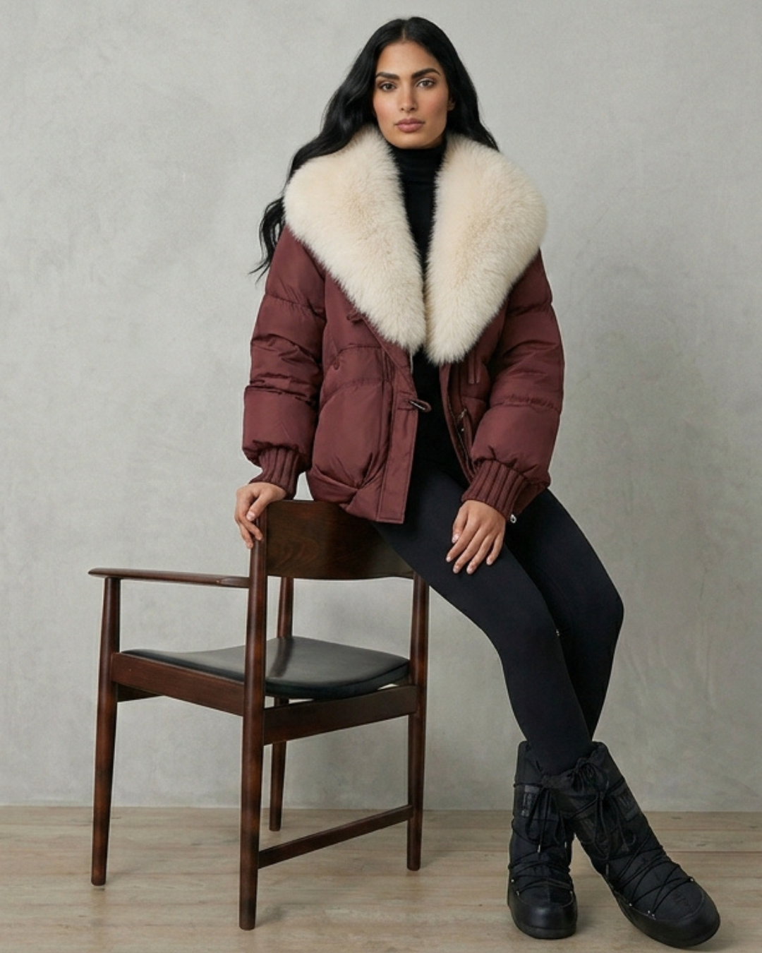 Piumino Siberia con collo in pelliccia sintetica e trapuntatura geometrica