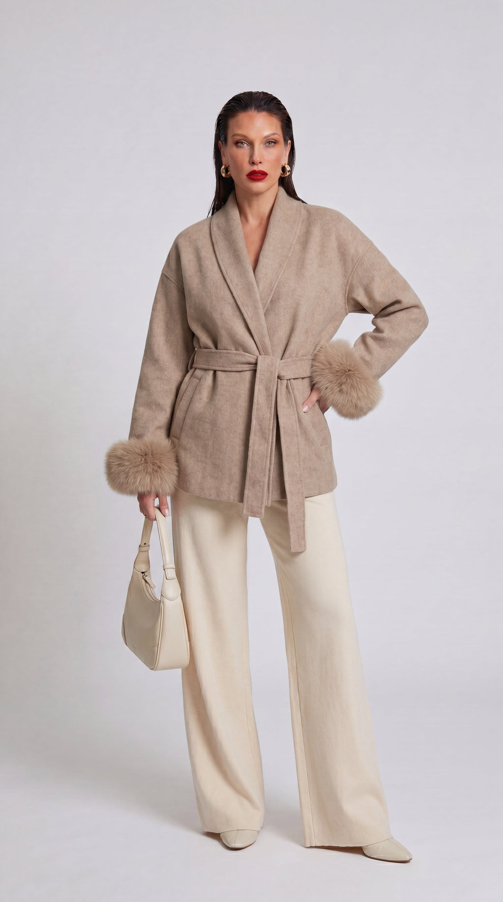 Cappotto Serena in misto lana con polsini in pelliccia sintetica